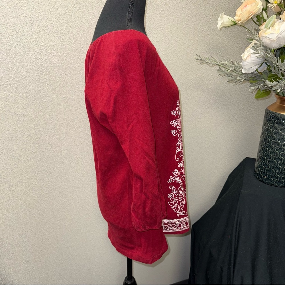 NWT Rebecca Malone Red Embroidered Boho Tunic Top 3/4 Sleeve Large - Picture 4 of 8